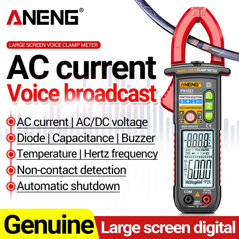 ANENG PN102+ Smart Voice Clamp Meter 6000 Counts Auto Ranging Mulitimeter Clamp AC/DC Voltage Meter Diode Hz Current Tester