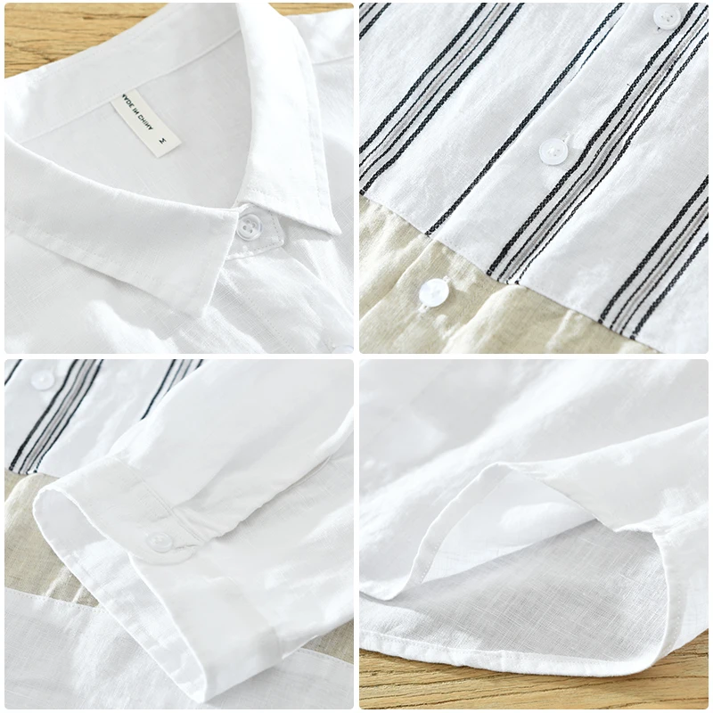 New Stylish Casual Three Quarter Sleeve Patchwork Linen Shirt Men Brand Trend Comfortable Top Clothes Chemise Homme Dropshipping