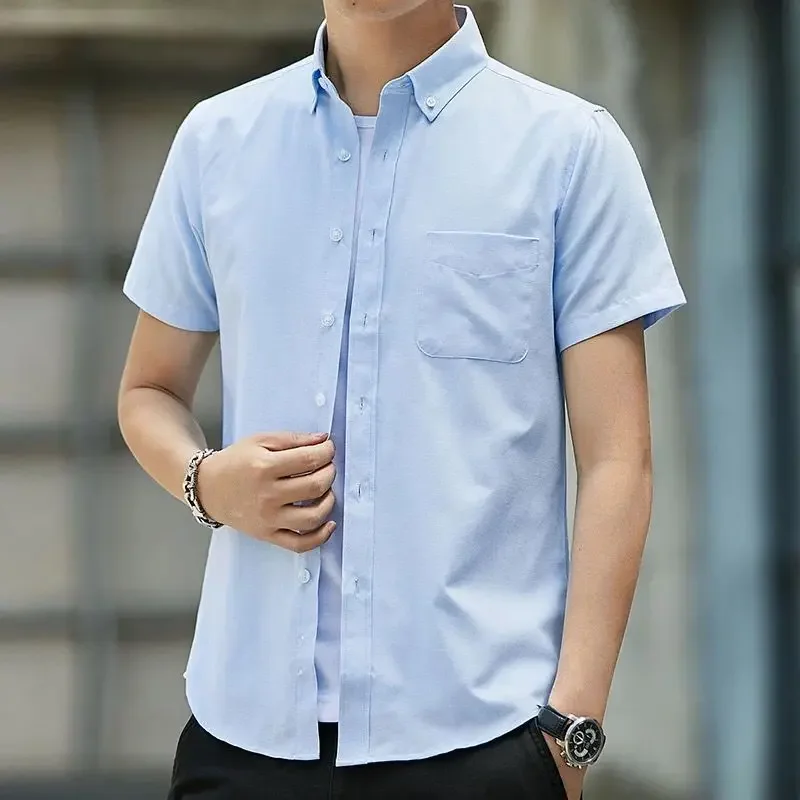 

White Man Shirt Black Blue Plain Short Sleeve High Quality Luxury Designer Cotton Korean Popular Clothes Style Shirts for Men