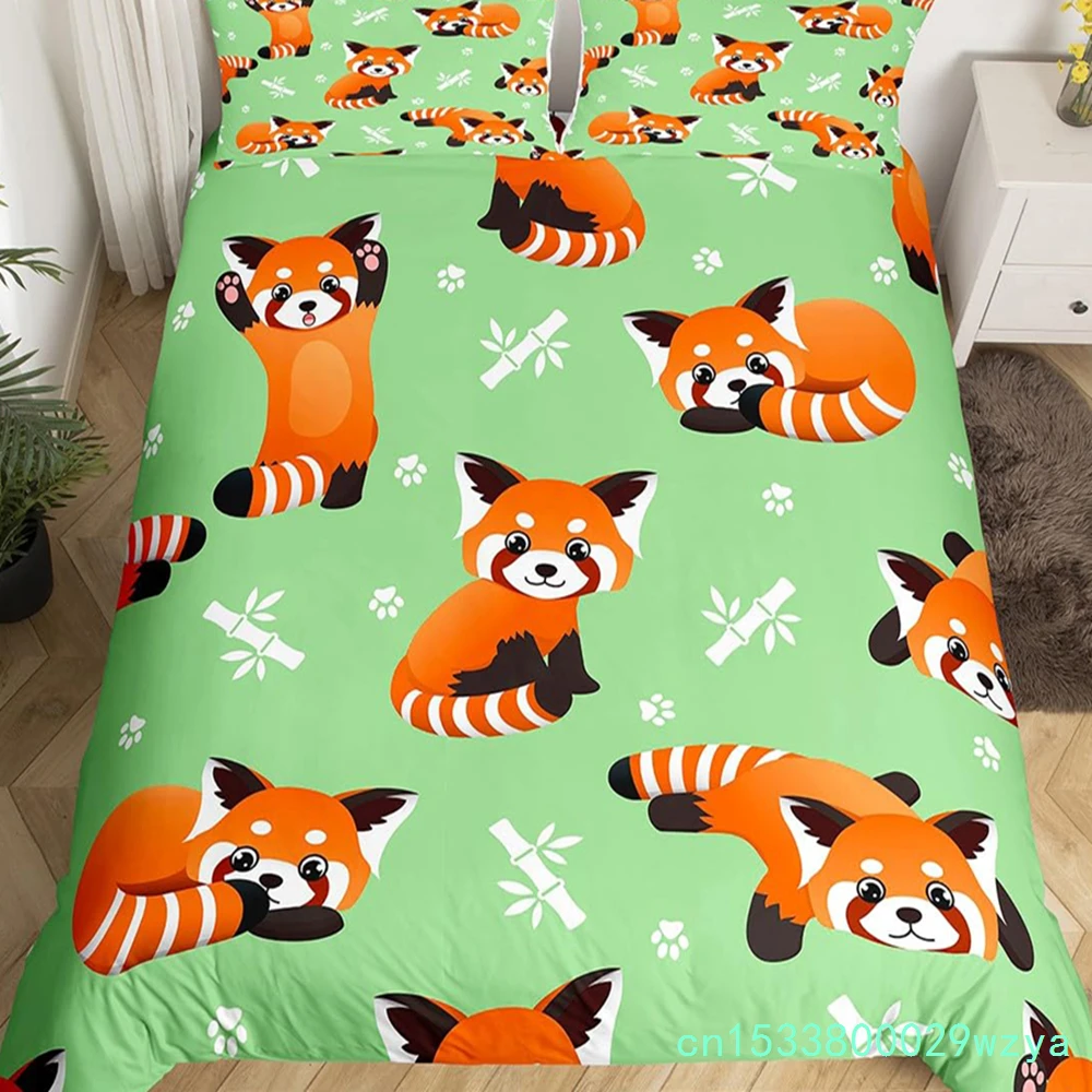 Cute Red Panda Duvet Cover King Size,Pink Love Stars Bedding Set Kawaii Cartoon Animals Comforter Cover Girly Sweet Quilt Cover