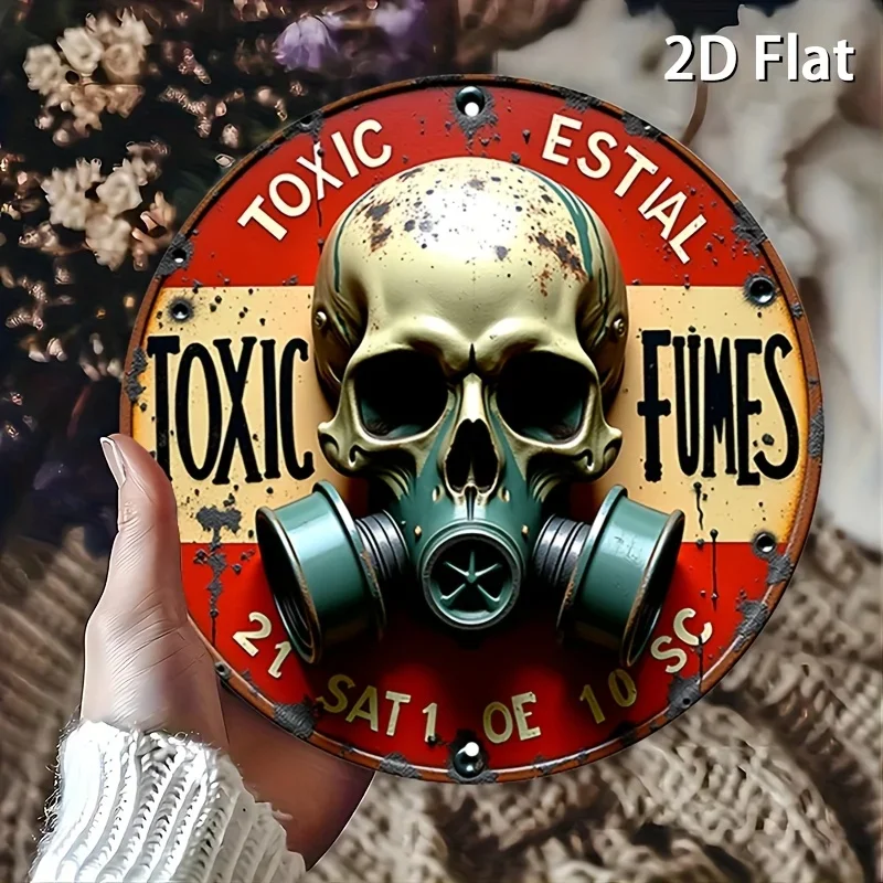 Metal Skull Wall Art with Gas Mask And Medical Equipment Vintage Toxic Fumes Design 2D Flat round Decor for Bars Cafes 1PC