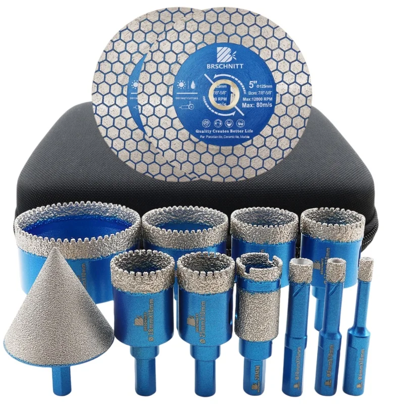 BRSCHNITT 13-teiliges Diamantbohrer-Set für Keramik, Marmor und Granit, Dreiecksstiel, 50 mm, Fasenbohrer, Fräsbohrer, Lochsäge, Kernbohrer, 2 Stück, 125 mm, Schleif- und Schneidscheiben,