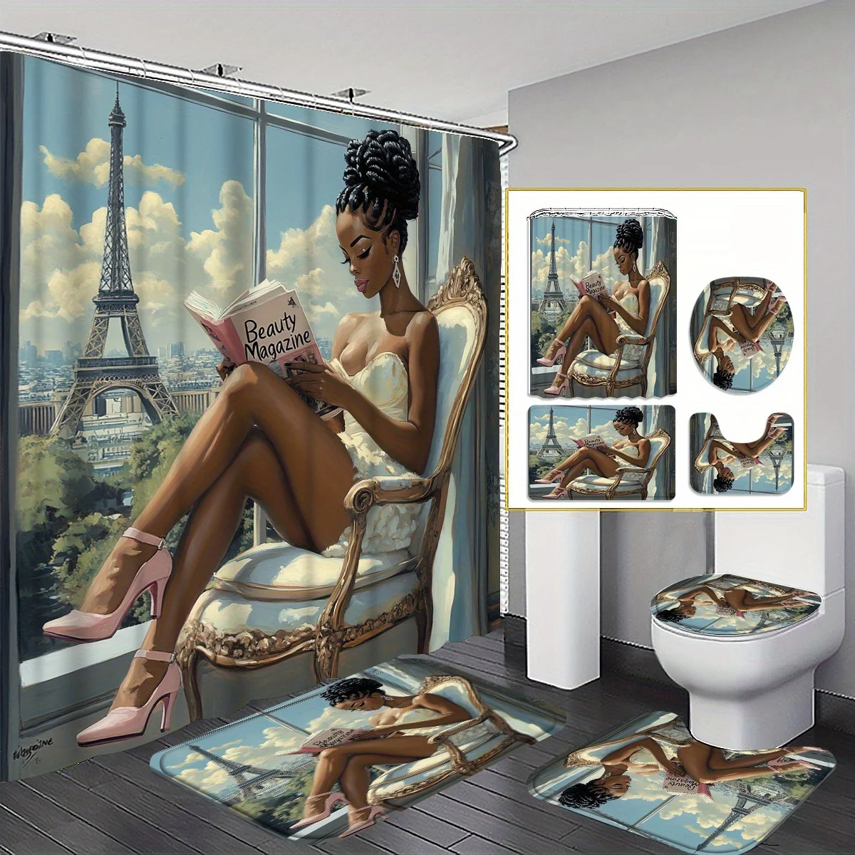 

4pcs Romantic City Paris Fashion Personality Girl Pattern Shower Curtain Set Bathroom Curtain, Bathroom Decor Floor mat