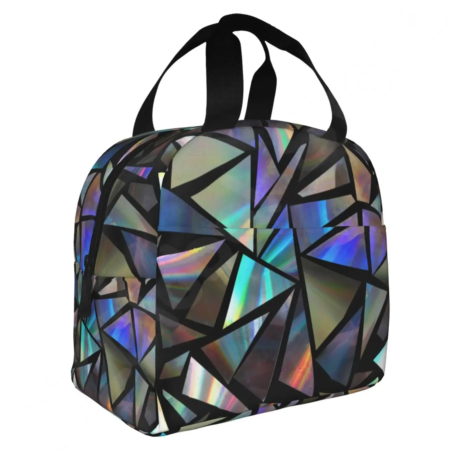 Lines Green Iridescent Holographic Triangles on Black Abstract Futuristic Pattern Blue Crystal Glam Insulated Lunch Bento Bag