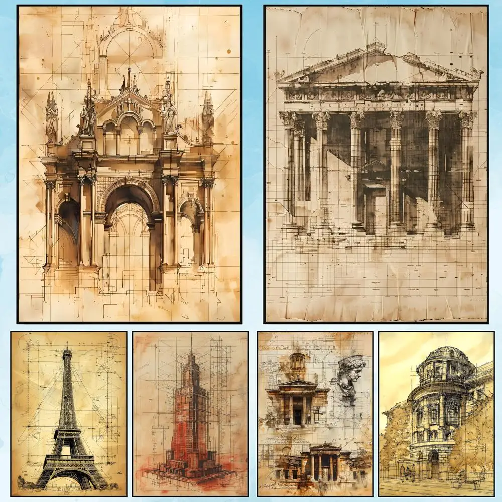 Vintage Architecture Drawings Painting Calligraphy Canvas Poster: Crease Free Waterproof Durable All Space Wall Decor