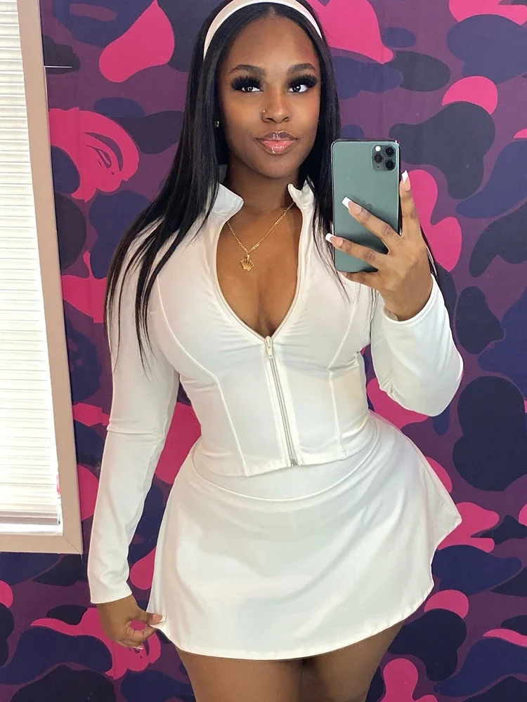 

Leosoxs Y2K Solid Style 2 Piece Set Women Zipper Cardigan Full Sleeve Tops+Ruched Mini Skirts Daily Casual Simple Streetwear