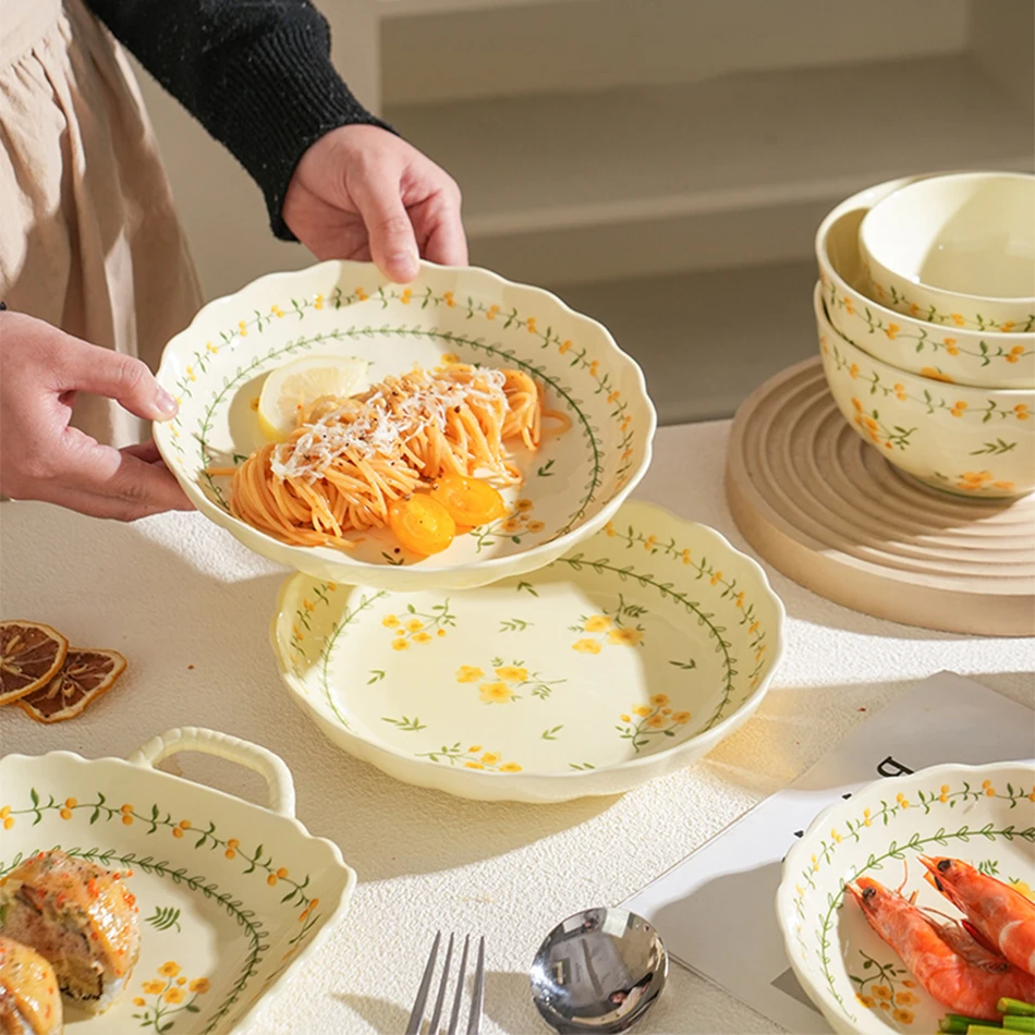 Underglaze Colored Yellow Flower Printing Ceramic Dinner Plate Double Ear Fish Plates Home Salad Pasta Plates Cute Dishes