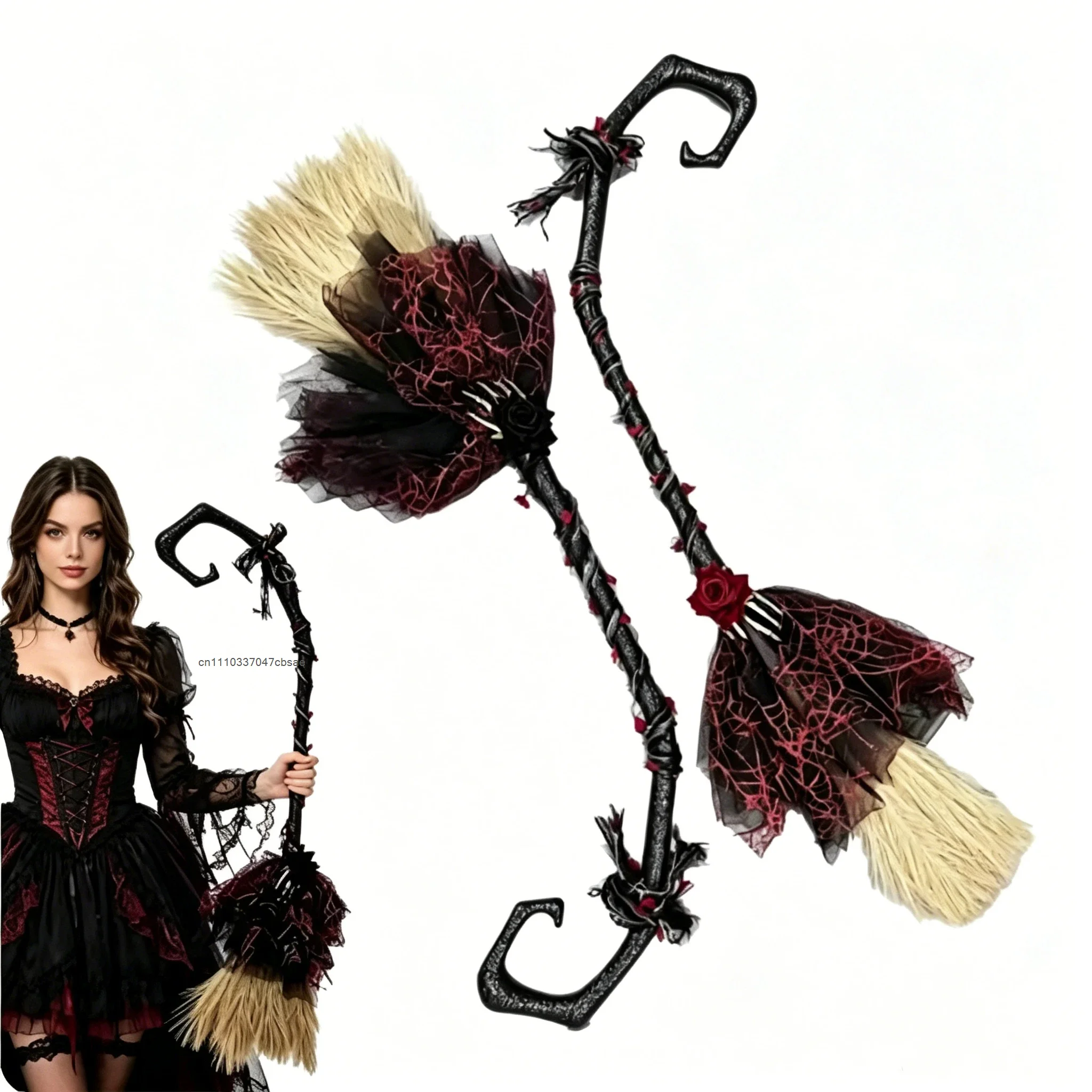 Halloween Witch Plastic Broom Broomstick Gothic Red Rose Props Cosplay Brooms Costume Party Supplies Carnival Accessories