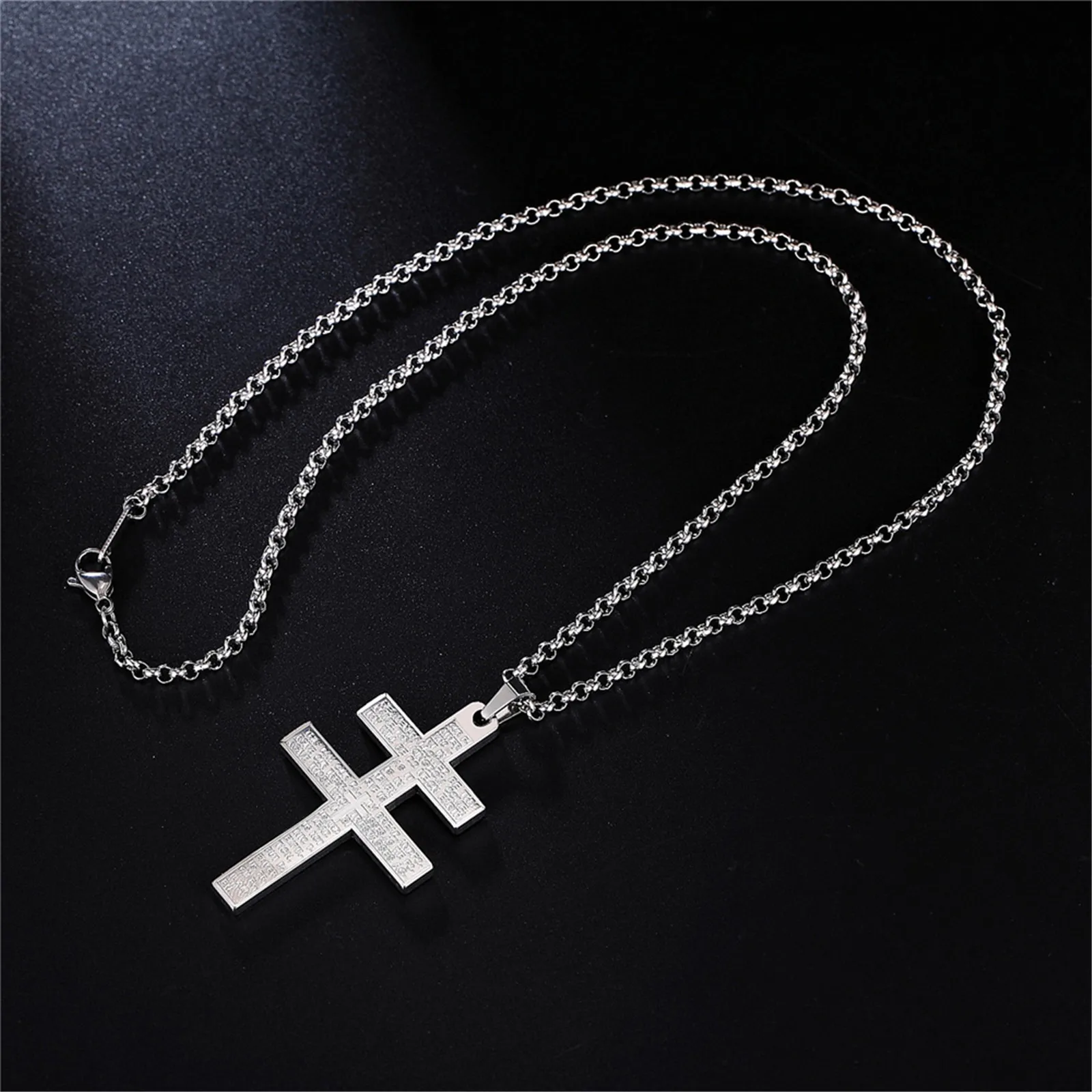 Cross of Lorraine Pendant with Lord\'s Prayer Words Bible Verse Catholic Christian Religious Stainless Steel Necklace Crux Vera