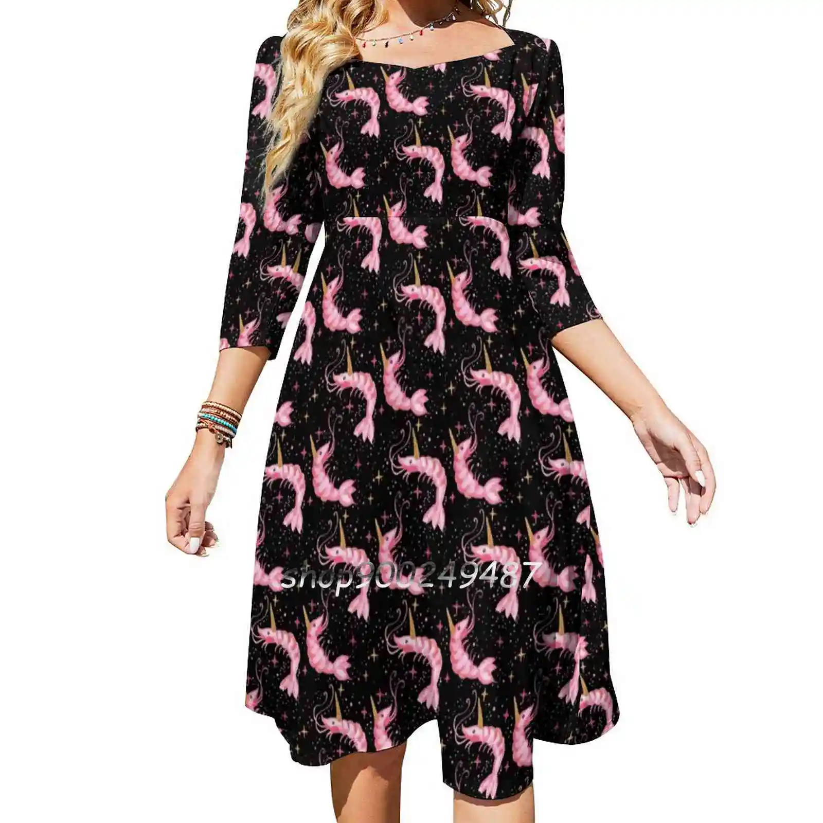 

Uni-Prawn In Space-Black Square Neck Dress Sweet Summer Dress Women Elegant Halter Print Dress Uniprawn Prawnicorn Unicorn Horn