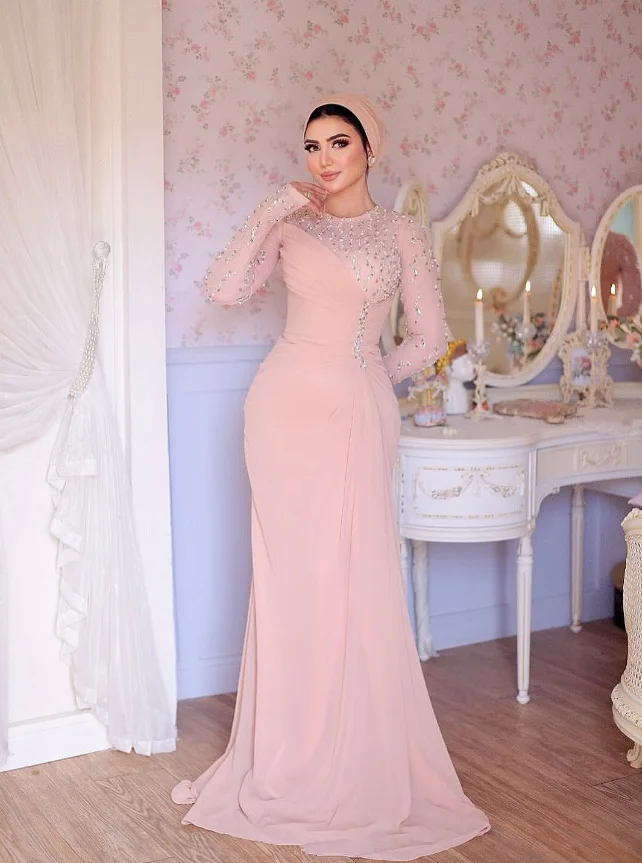 Vestidos de fiesta árabes musulmanes de gasa rosa, vestido de fiesta de noche de Oriente Medio de manga larga con cuentas de cristal fruncido, traje personalizado