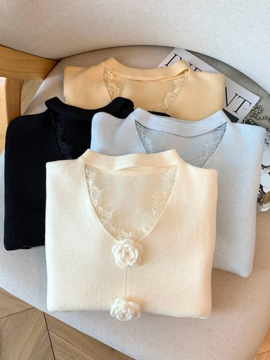 블루 플로럴 레이스 V넥 니트 스웨터 여성 이너웨어 네이징 디자인 루즈핏 스윗 슬레 시 워크 폴리에스터 섬유