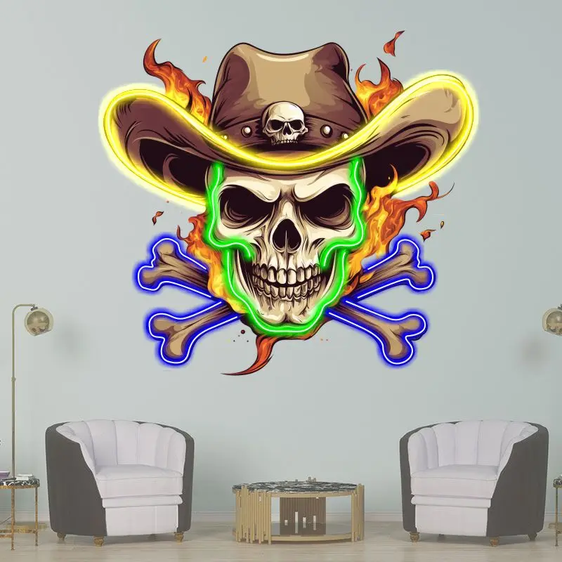 Western Cowboy Skull Neon Sign, Whimsical Wall Decor LED Light, Creative Neon Light