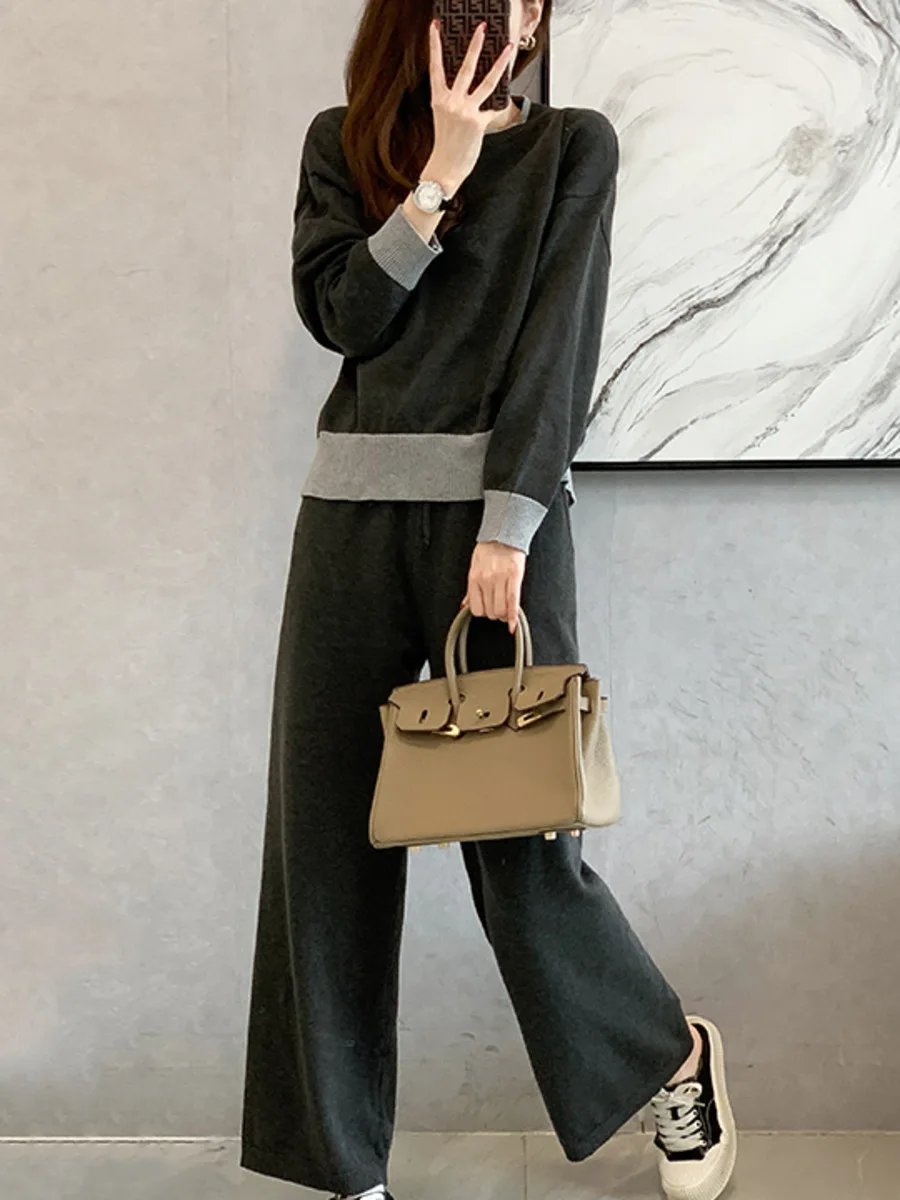 Knitted Wide-Leg Pant Suit Autumn Winter Warm Two Piece Sets Women Woolen Sweater Tracksuits Long Straight Trousers Outfits