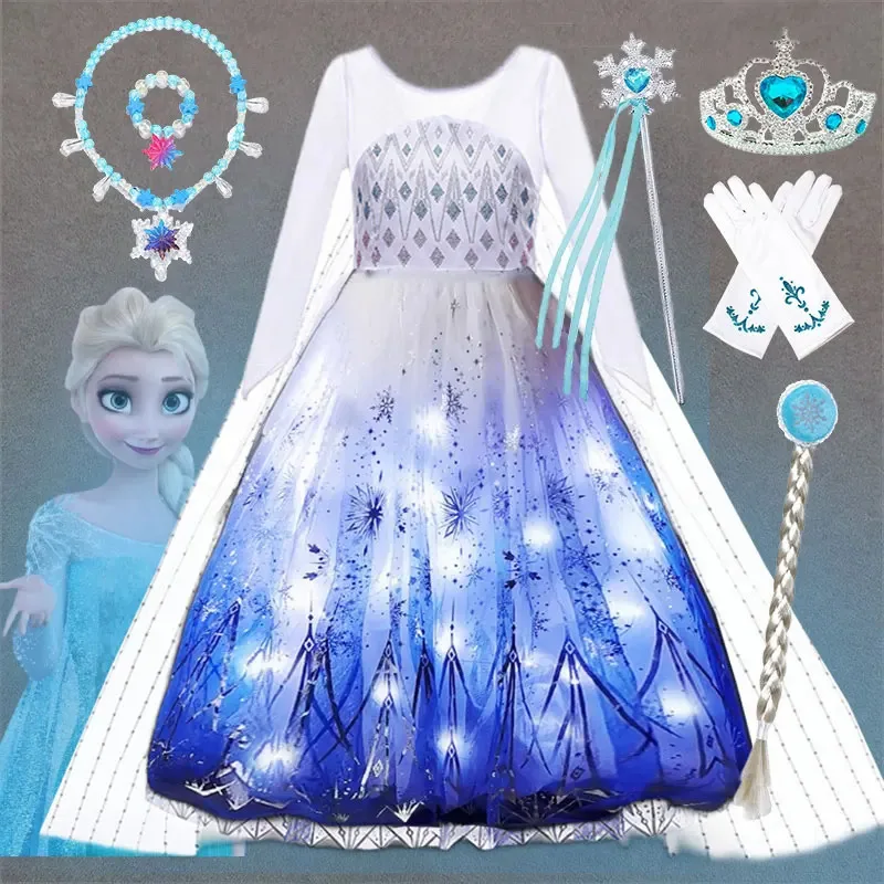 

Glowing Disney Frozen 2 Princess Elsa Dress Fancy Birthday Snow Queen Party Elsa Transforming White Ball Gown Carnival Disguise