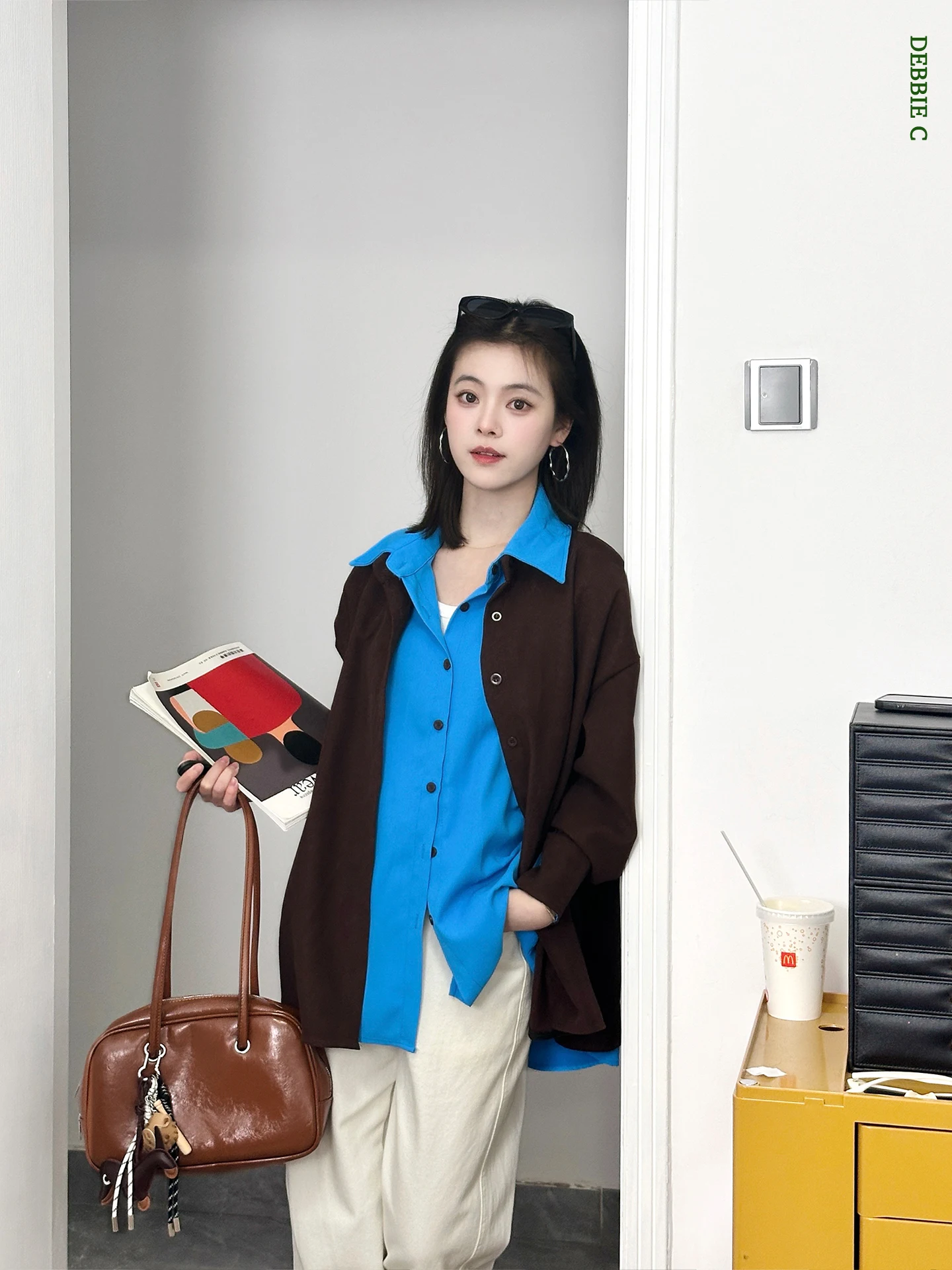 

Debbie C Casual Loose Women's Shirt Jacket Color Block Fake Two-Piece Versatile Long Sleeve Collar Mid-Length Spring Fashion