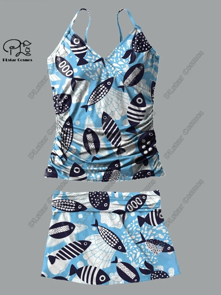 Frauen V-Ausschnitt Sommer kleine frische Blumen fisch Print Hosenträger Rock Stil zweiteiligen Badeanzug Anzug Urlaub neue Badeanzug Y-5