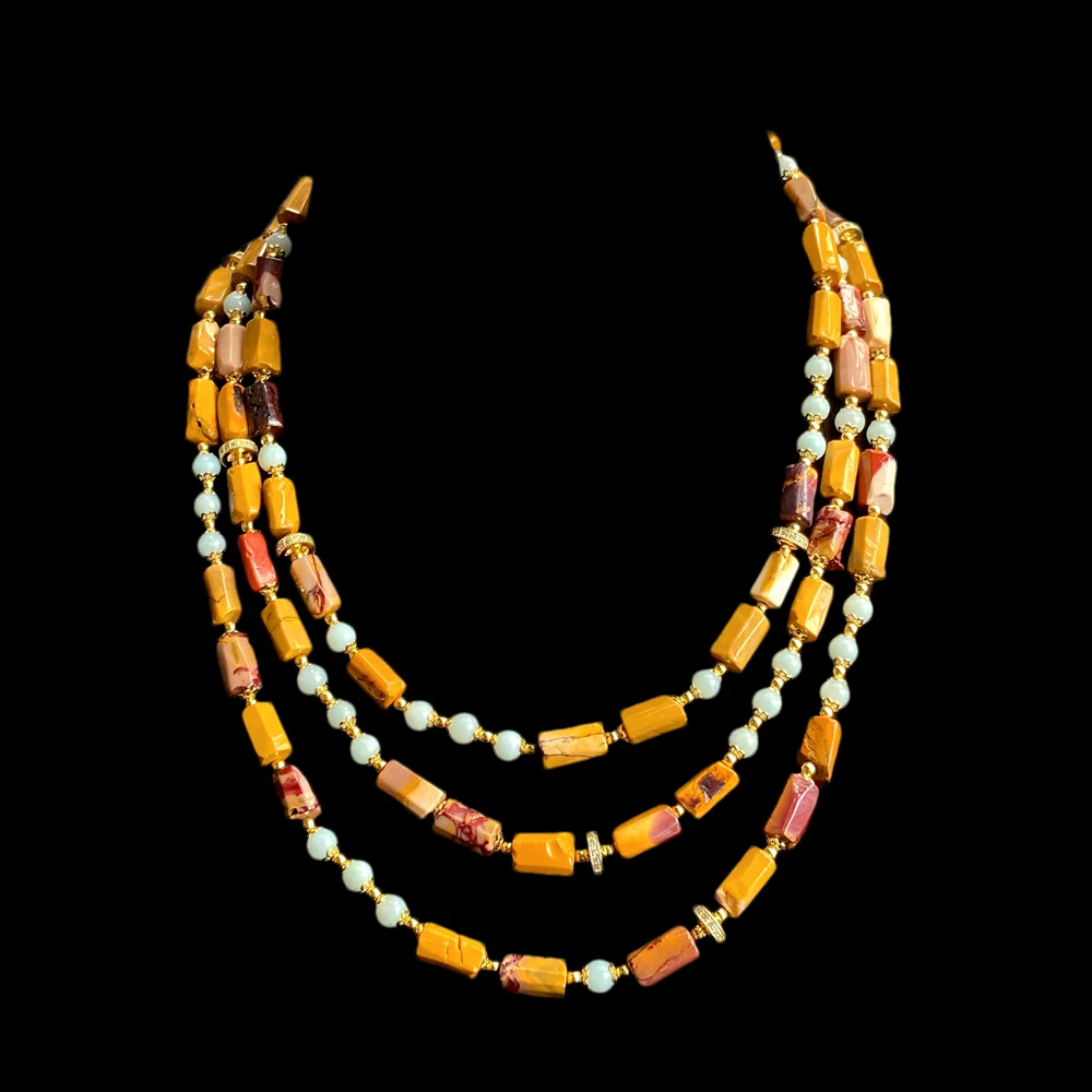 YYGEM  3 strands Yellow Mookaite Jasper Tube Amazonite Multi Strand Chunky Statement Necklace Boho Vintage Jewelry