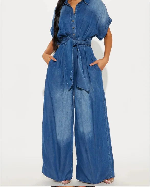

Women's Jumpsuit New Fashion Collar Buckle Strap Short Sleeve Loose Wide Leg Jumpsuit Street Fashion Y2K Retro Jumpsuit