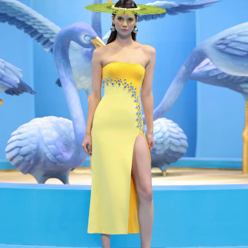 

Strapless Satin Dress Tea-Length Party Dress With Slit Yellow Woman Clothes Crystals Beaded Cocktail Gown Custom Made Dress