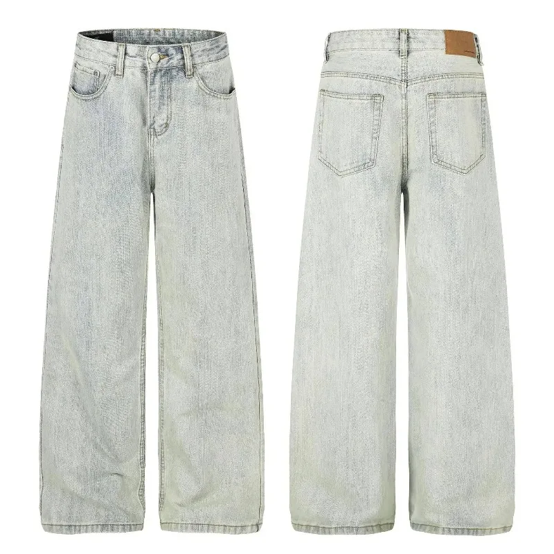 American-style Washed Slub-pattern Men's Faded Jeans Loose Fit Versatile Trendy Straight Denim Long Pants Trendy New