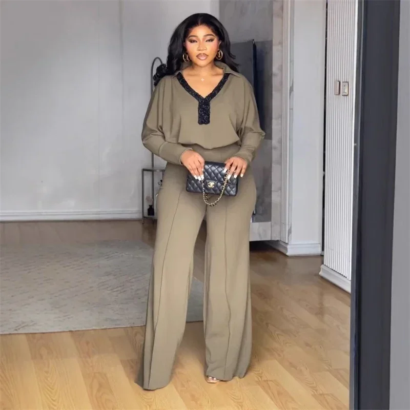

Casual Pant Sets Woman 2 Piece Set Outfit Loungewear Long Sleeve V-neck Top and Wide Leg Pants Matching Sets Ensembles Pantalons