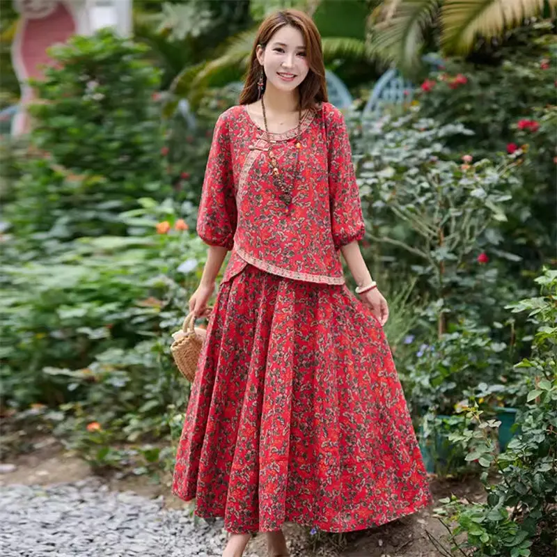 Floral Set Two Pieces 2024 Spring/Summe Mid Aged Elderly Mom's Wear Large Size Loose Retro Ethnic Style Print Skirt Outfit K815