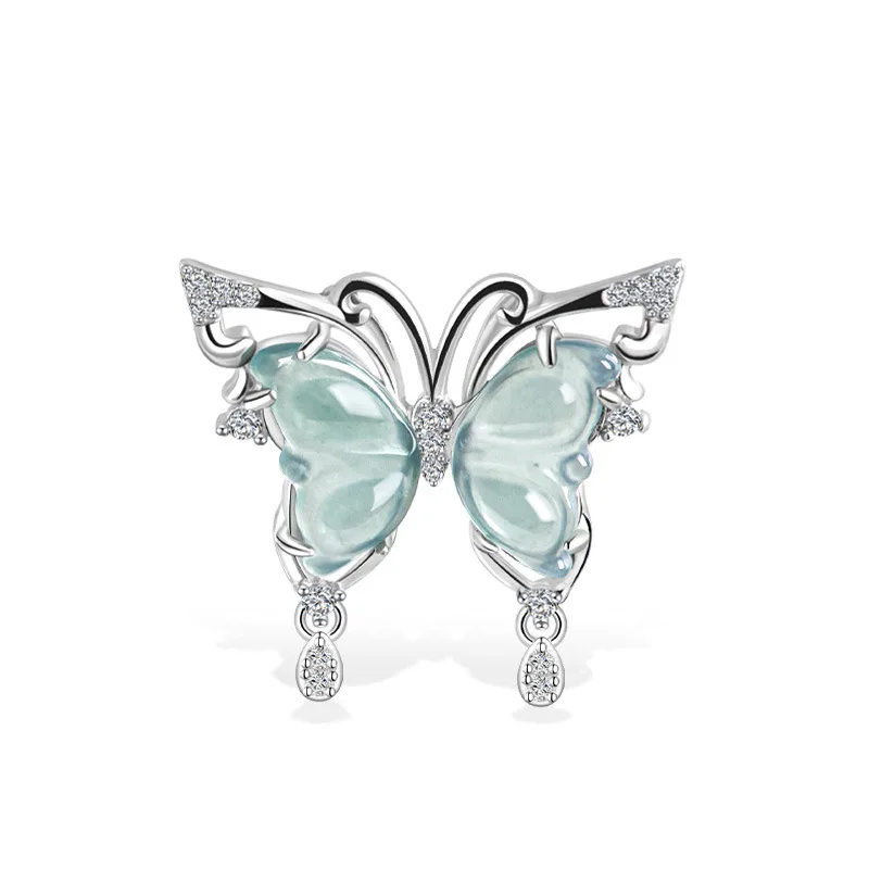 Authentic Natural A-grade Jadeite Blue Water Butterfly Pendant Ice Jade S925 Silver Inlaid Women's Fashionable Ring Earrings