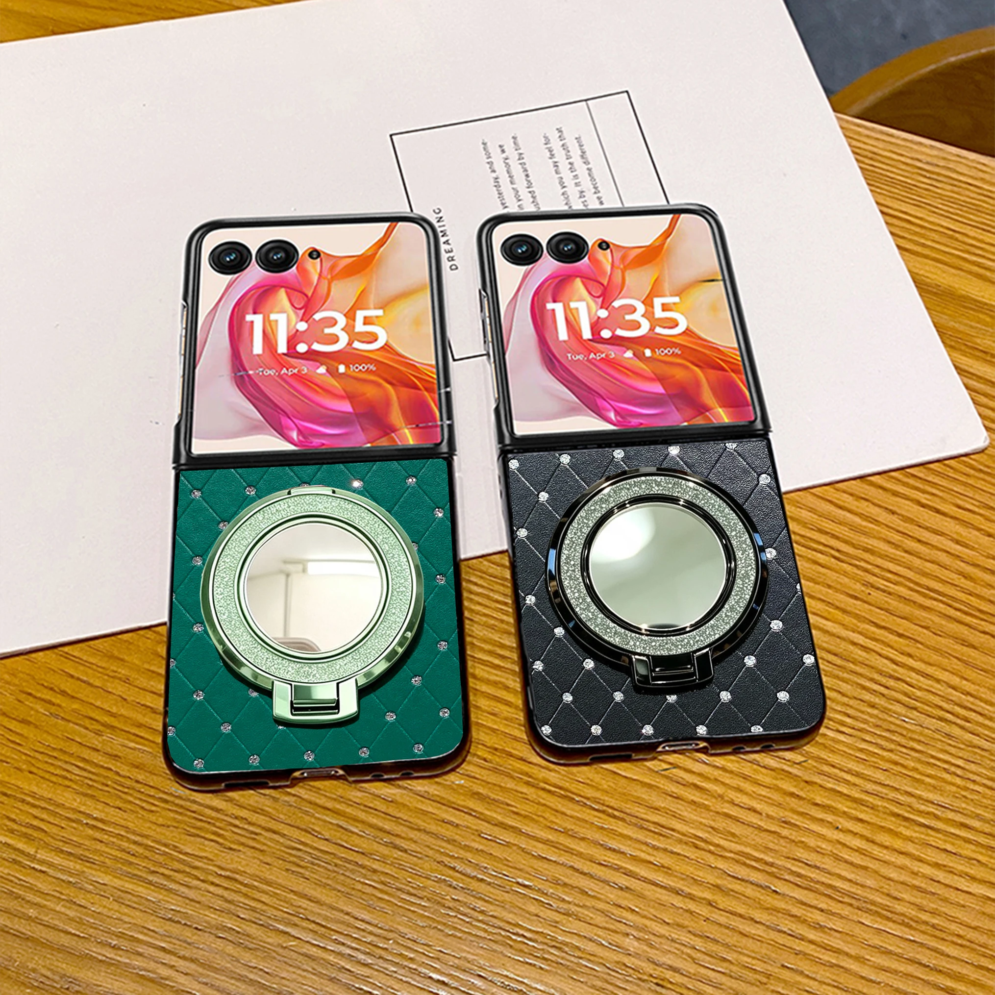 Rhombus-Gitter Leder-Handyhülle für Motorola Razr 50 60 70 Ultra 2024 + 2025 mit Kunstdiamantring und Magnetverschluss, Hartschale