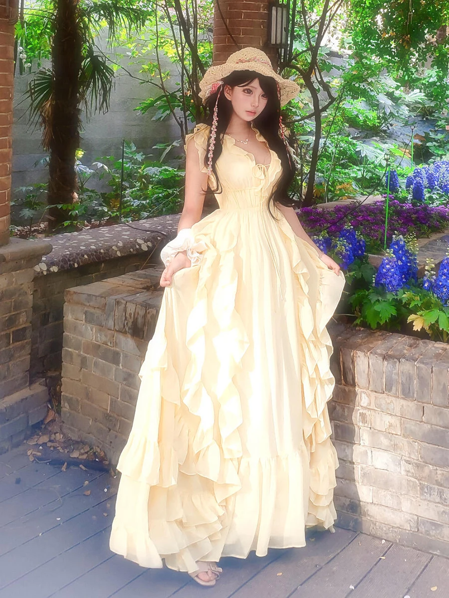 ReddaChic Sukienka Tank Top z Dekoltem V, Damska Szyfonowa Sukienka z Nieregularnymi Falbanami, Bandazowym Tyłem, Odkrytymi Plecami, Długa, Zwiewna Sukienka w Stylu Boho, Letnia Odzież