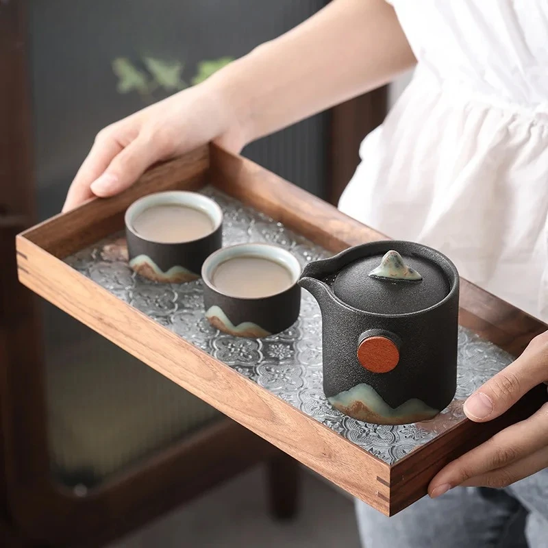 Japanese Hand-painted Mountain Tea Set Kit Vintage Coarse Pottery Set of Cups Teapot and Cups Tea Making Outdoor Portable Bags - Image 2