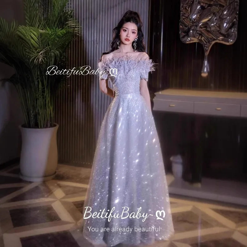 

BeitifuBaby Women's Evening Dresses Off The Shoulder Feather Sleeveless Sequins A-line Skirt Banquet Gown Party Dress Vestidos