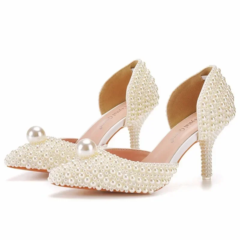 Woman Pumps High Heels Sandals String Bead Slip On PU 7CM Thin Heels Fashion Women Women Dress Sandals Shoes White Stiletto