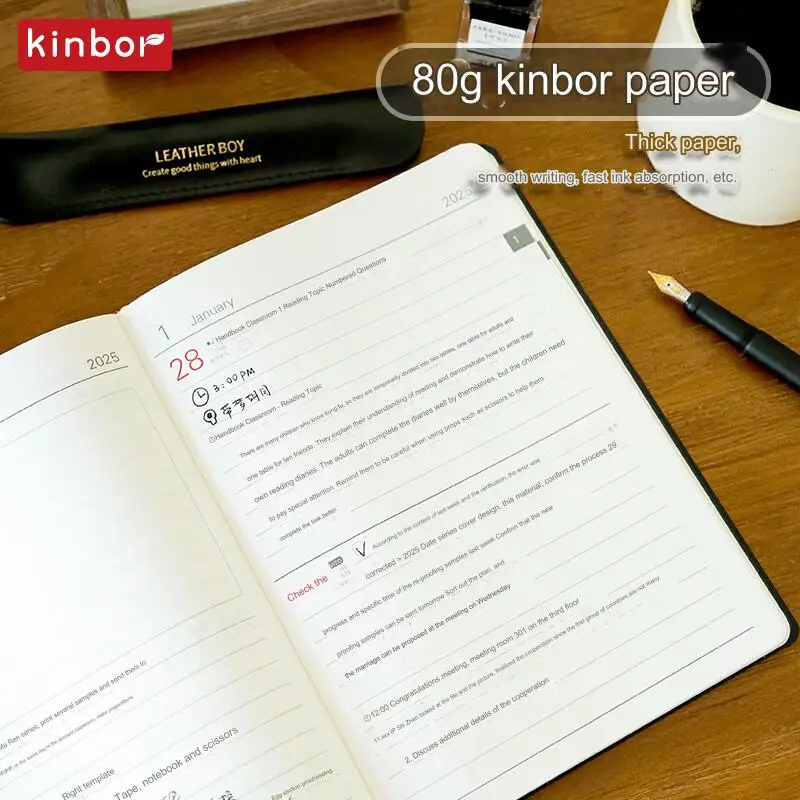 Kinbor 2025 Schedule Notebook Efficiency Book A5 Self-filled PU Leather Handbook 1-page 2-day Record Organization Guided Journal