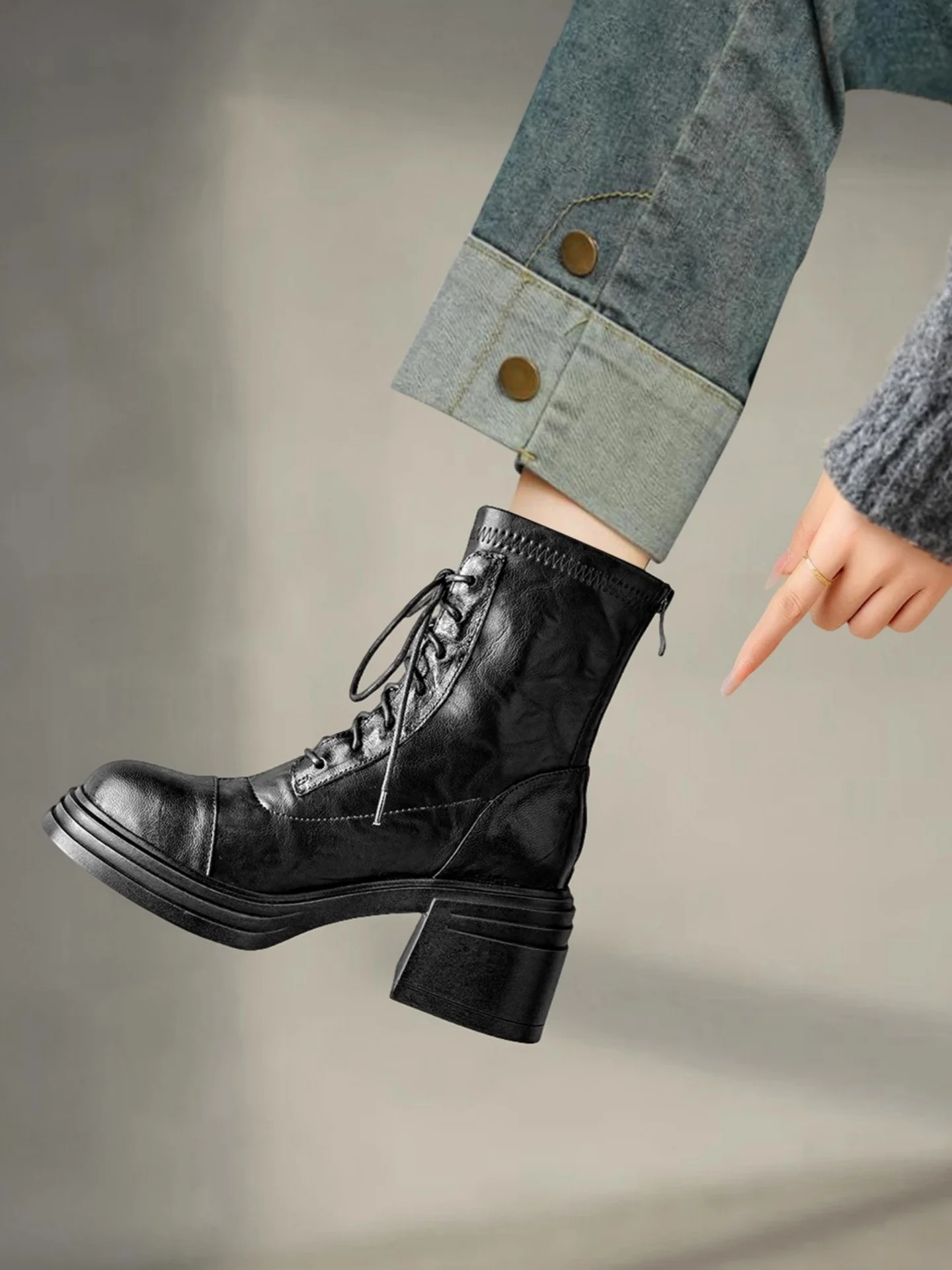 

Heavyweight Soft Boots Women's Elastic High Heel Short Boots Fall Winter New Style Thick Bottom Lace-Up Chunky Heel