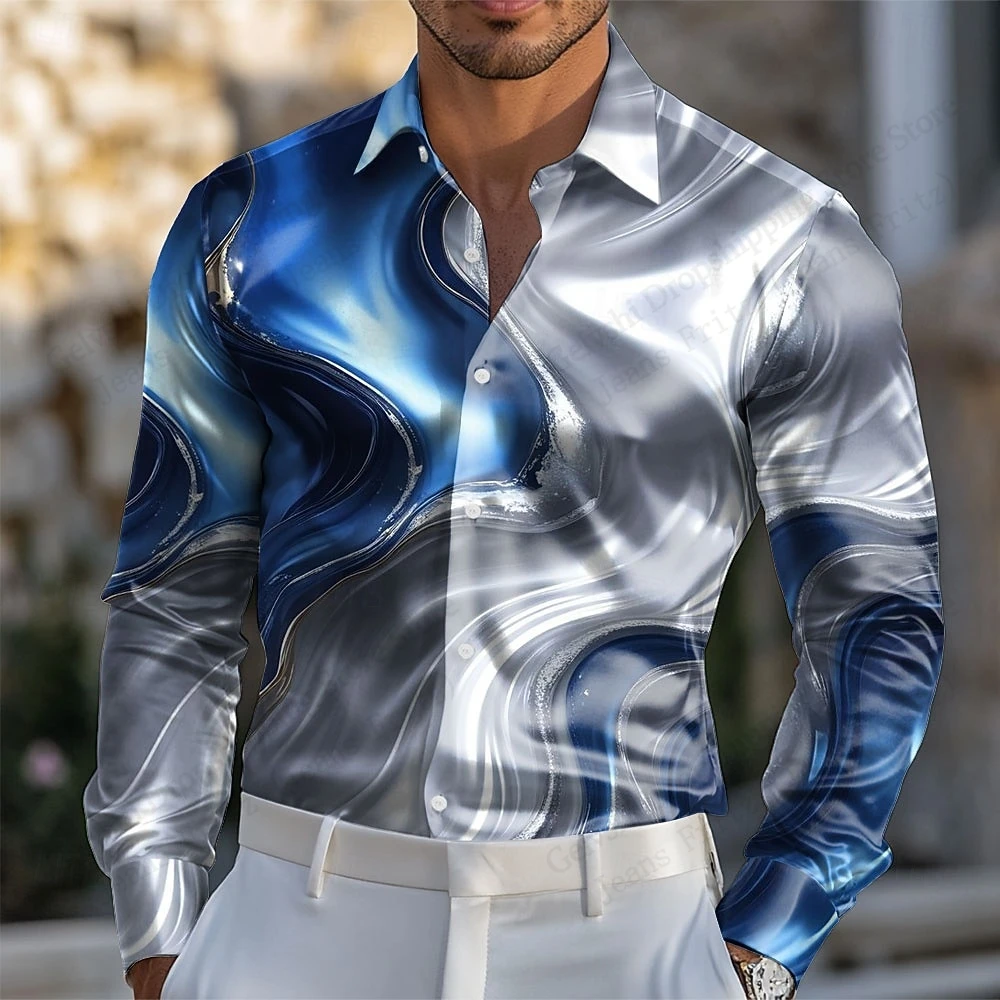 

Мужская рубашка с длинным рукавом с градиентной текстурой для мужчин, гавайская рубашка с абстрактным искусством и 3d принтом, повседневная праздничная блузка, роскошная деловая блузка