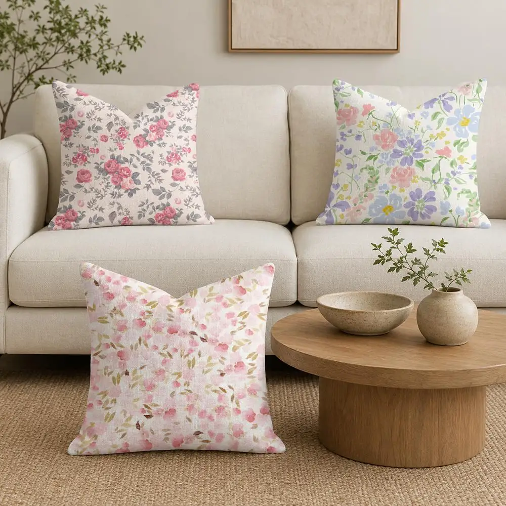 Floral pattern Cushion Cover Organic Linen Throw Pillow Cover - Double-Sided Print Breathable Cushion Case Home Decor