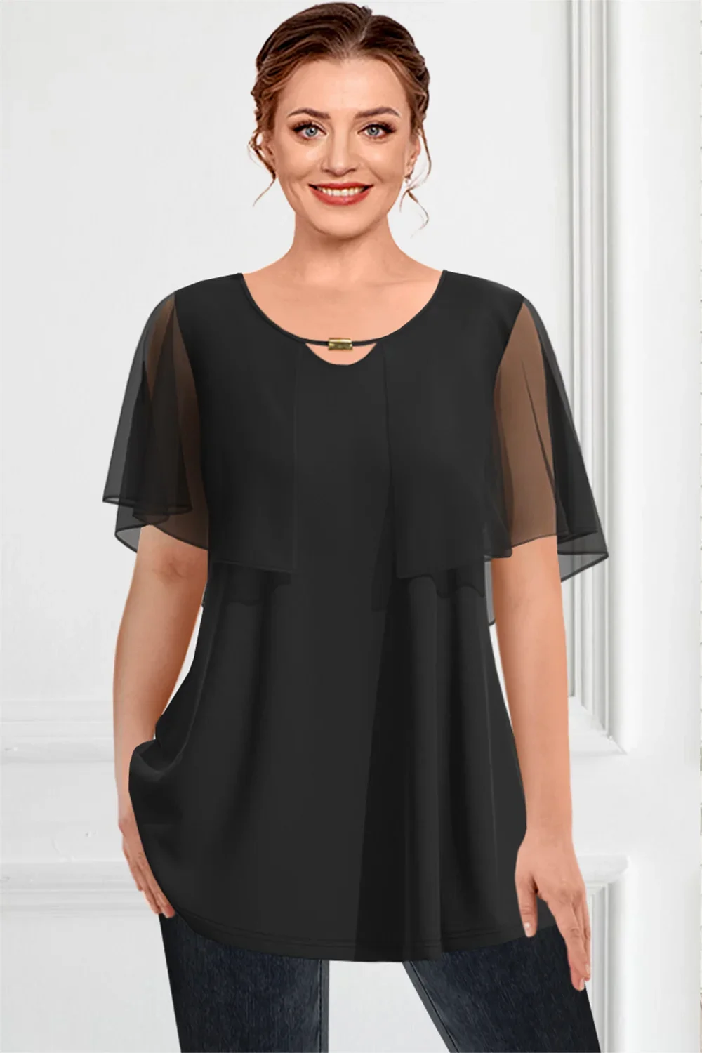 Damen-T-Shirt in Übergröße, elegant, Chiffon, Flatterärmel, doppellagig, hohl, gefälschtes zweiteiliges Hemd, lässiges Sommer-Tops