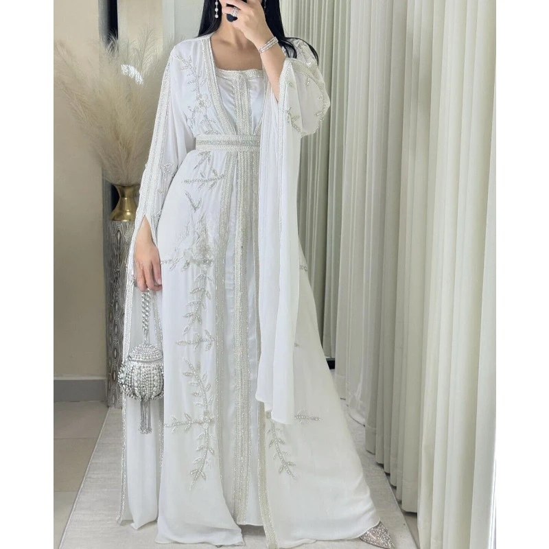 White Jacket Moroccan Kaftan Silver Beaded Work Bridesmaid Dress