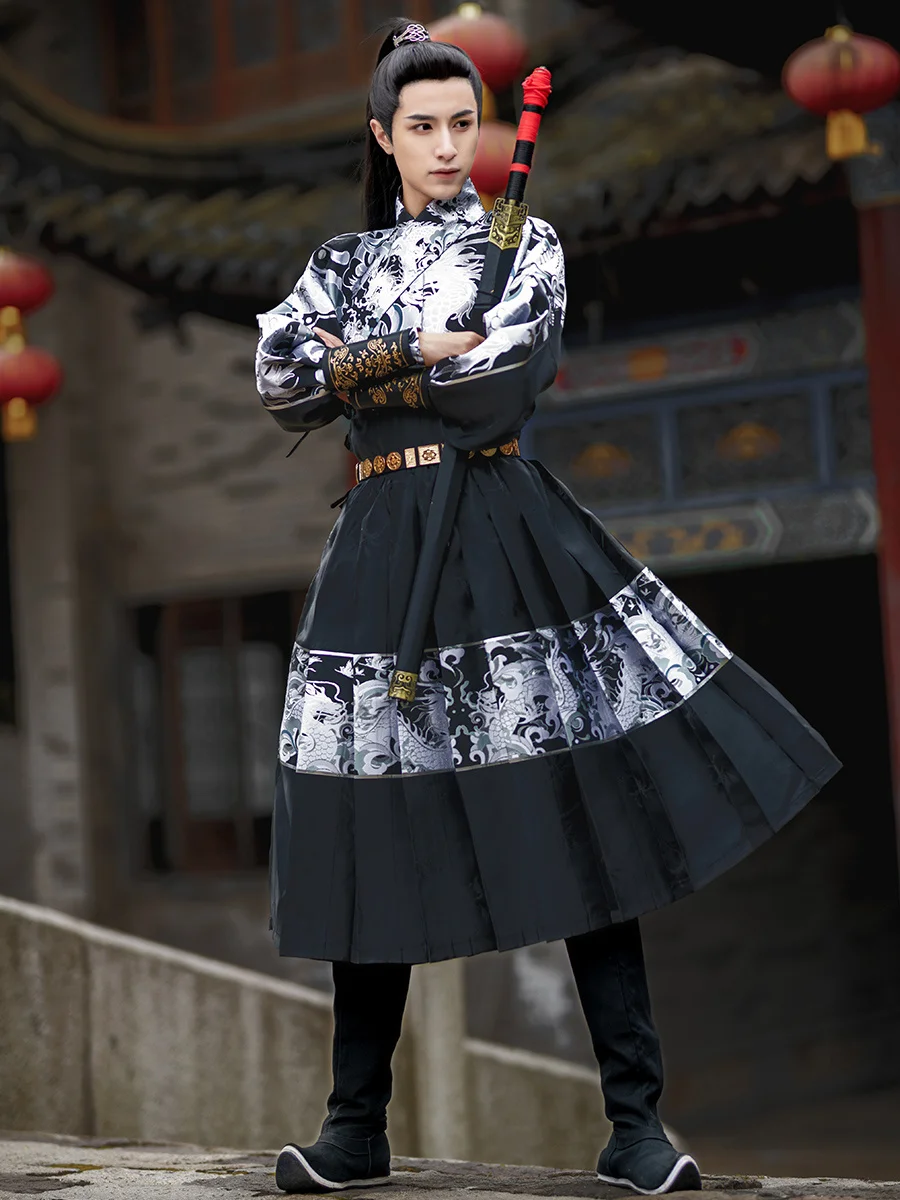 Ancient Chinese Hanfu Costume Mens Top Skirt Belt Set Samurai Costume Robe Hanfu Martial Arts Dragon Printing Flying Fish Suit