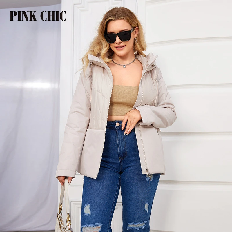 PINK CHIC Spring and Autumn 2024 New Women's Jacket Casual Fashion Large Pocket Short Quilted Parker Cap Thermal Jacket S3086