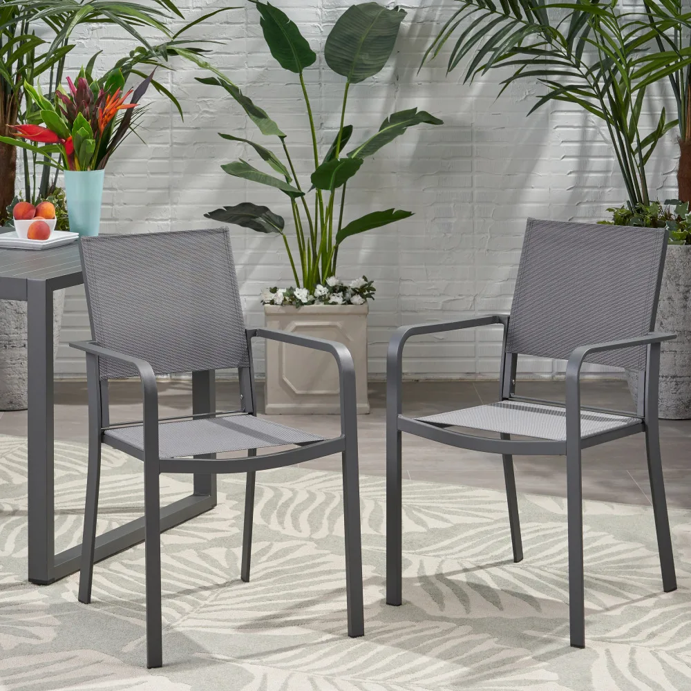 

YQXH Outdoor Modern Aluminum Dining Chair with Mesh Seat (Set of 2), Gun Metal Gray and Dark Gray