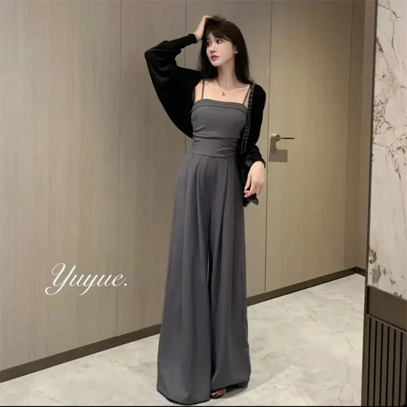 Blues Jazz French Luxury Elegance Slim And Fashionable High Waist Hanging Strap Wide Leg Jumpsuit