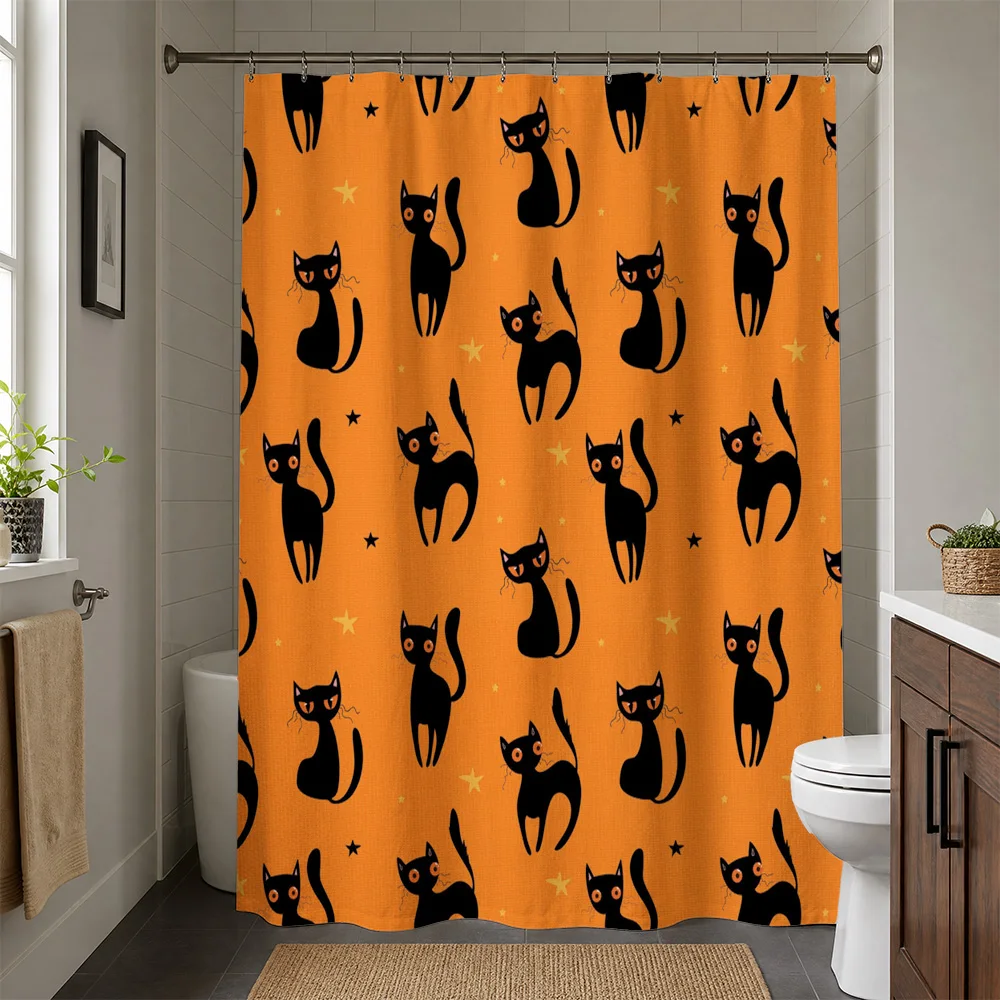 Cute Cat Print Shower Curtain Waterproof Orange Background Bathroom Shower Liner Novelty Pet Decor Polyester Curtain Panel for M