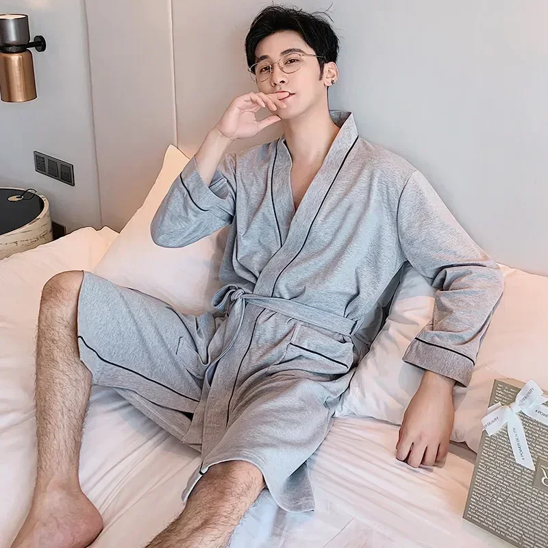 Además, bata cómoda de talla 3XL, ropa de dormir para hombre, albornoz informal con cuello en V, ropa de dormir gris de algodón para otoño y primavera para hombre