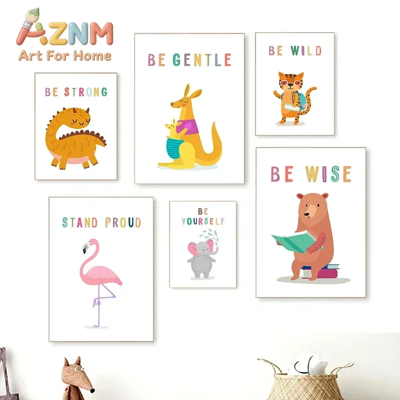 AZNM Colorful Cute Animal Canvas Wall Art Dinosaur Kangaroo Bear Elephant Inspirational Positive Quote Art Print Unframed Canvas