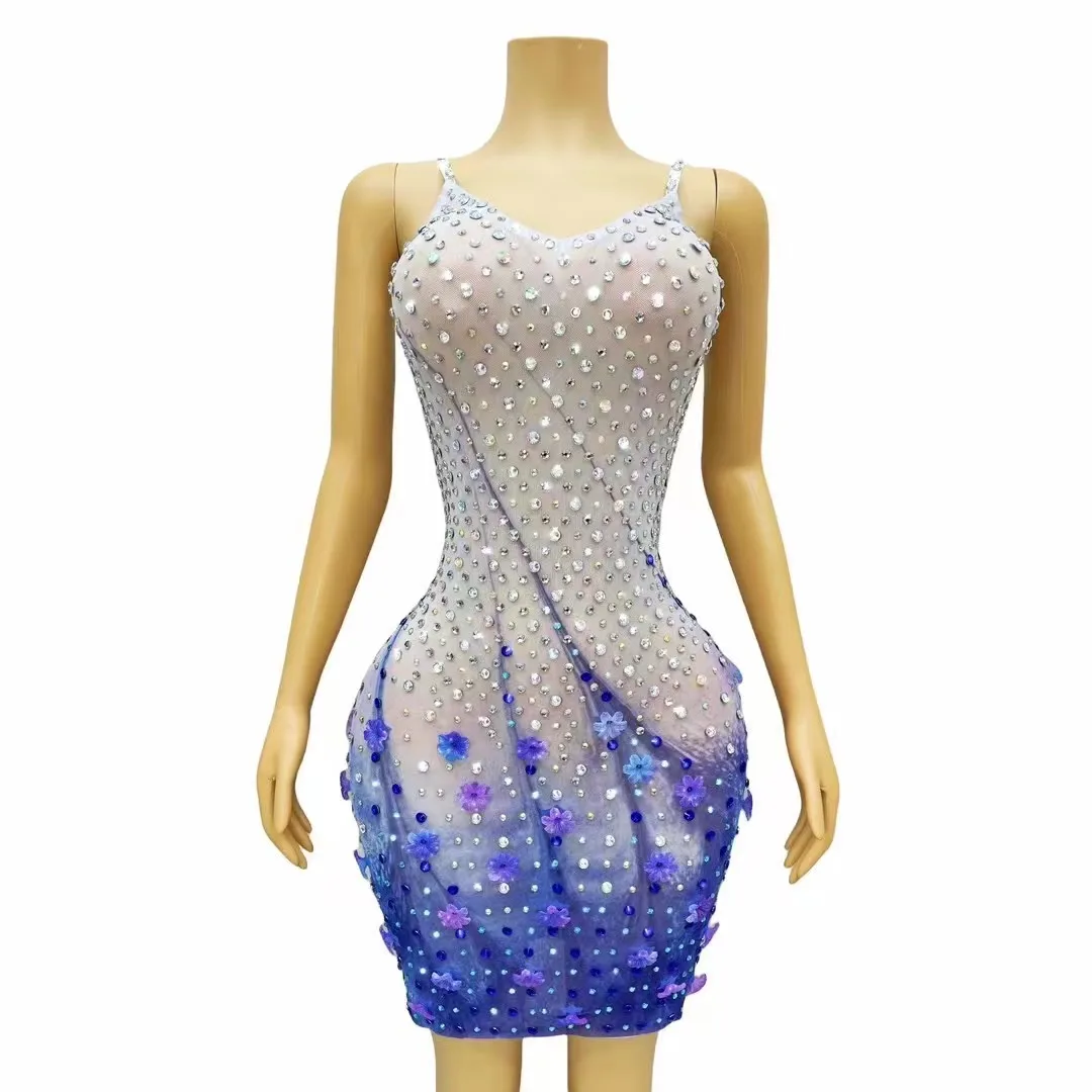Strass brilhantes flores malha fina deslizamento vestido curto feminino celebrar noite baile de aniversário vestido sexy mostrar palco wear