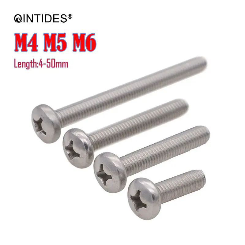 50/1000Pcs M4 M5 M6 Screw Length 4-50mm Cross Recessed Pan Head Screws 304 Stainless Steel Round Head Screw Phillips Screw