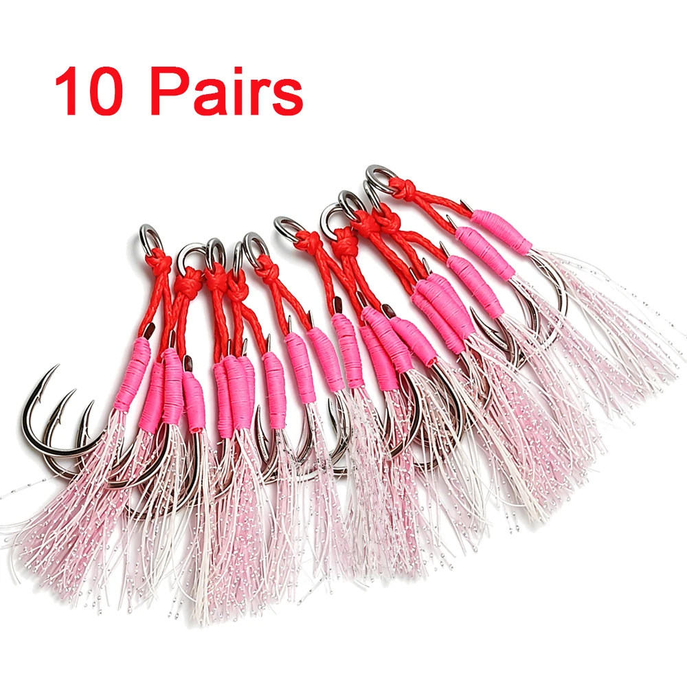 10Pairs/bag Metal Jig Assist Hook Pink Double Hooks Thread Feather High Carbon Steel Sea Fishing Hook Slow Jigging Peche