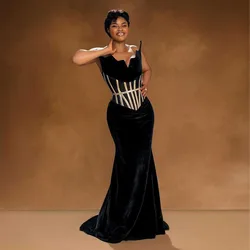 Dramatic Black Velvet Long Prom Dresses African Wedding Guest Gowns Mermaid Corset Black Women Formal Party Dress Custom Made